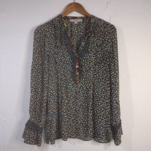 LOFT Dark Green Floral Ruffled V-Neck Blouse
